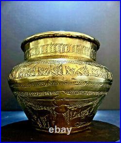 Antique Hand Tooled Solid Brass Egyptian Revival Cache Pot Planter