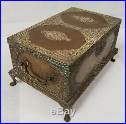 Antique Heavy Brass Bronze Jewelry Casket Lockbox Indian Turkish Persian Islamic
