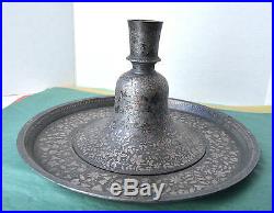 Antique Heavy Hookah Stand & Tray Indo Islamic Mughal Bidri Silver Inlay