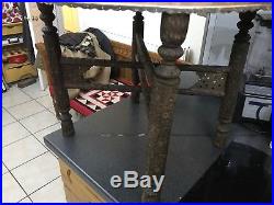 Antique Indian Arabic Eastern Islamic Copper Niello Table Benares Carved Wood