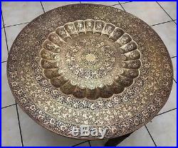 Antique Indian Arabic Eastern Islamic Copper Niello Table Benares Carved Wood