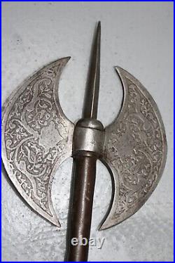 Antique Indo-Persian Islamic Ottoman Inlaid Double Battle Axe