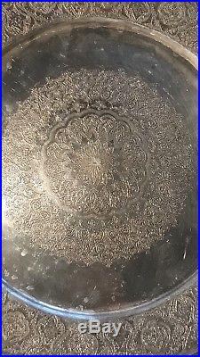 Antique Islamic Arabic Persian Ghajare Solid Silver Massive Dish Or Plate Tray