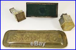 Antique Islamic Brass Desk Set Inkwell Cairo Ware Silver Inlay Ottoman Syrian