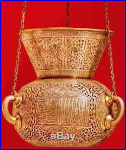 Antique Islamic Cairoware Brass With Silver Inlaid Mumluk Persians Mosque Lamp