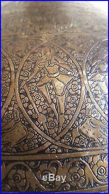 Antique Islamic Cairoware Damascus Persian Qajar Monumental Brass Vase 19th C