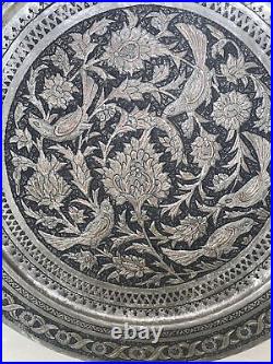 Antique Islamic Copper And Silver Tray Wall Plaque Birds & Floral 15 Wide