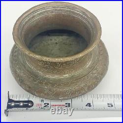 Antique Islamic Copper Bowl Pot Tinned Persian Engraving Antiquities 3.25 x 5