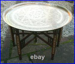 Antique Islamic Inlaid Folding Side Table With Brass Tray Top