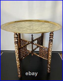 Antique Islamic Inlaid Folding Side Table with Brass Tray Top