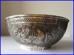 Antique Islamic Middle Eastern Qajar Solid Silver Bowl Signed