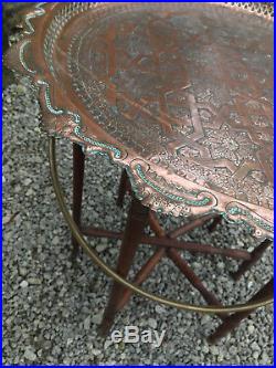 Antique Islamic Morroccan Egyptian Copper & Wooden Tray Table & Legs