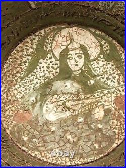Antique Islamic Nishapur Crackled Green Pottery Bowl Replica Woman Guitar Arabic
