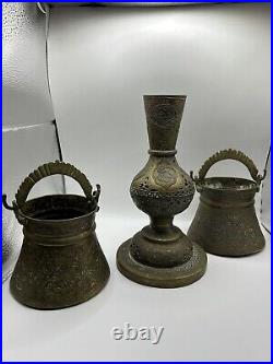 Antique Islamic Persian Three Brass Vases With Beautiful Detailed Etched