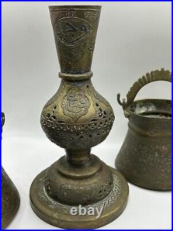 Antique Islamic Persian Three Brass Vases With Beautiful Detailed Etched