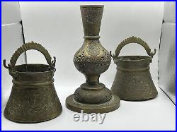 Antique Islamic Persian Three Brass Vases With Beautiful Detailed Etched