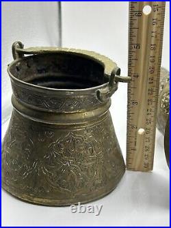 Antique Islamic Persian Three Brass Vases With Beautiful Detailed Etched