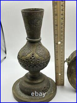 Antique Islamic Persian Three Brass Vases With Beautiful Detailed Etched