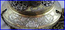Antique Islamic Pierced Brass Silver Inlay Mosque Lamp Cairo Ware Syrian Ottoman