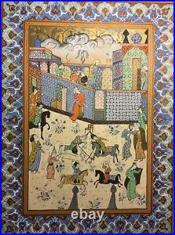 Antique Islamic Qajar 19th Century Persian Miniature Painting Gold Illuminated