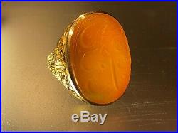 Antique Islamic Qajar Hand Engraved Solid 14 K Gold Agate Men Signet Ring Dated