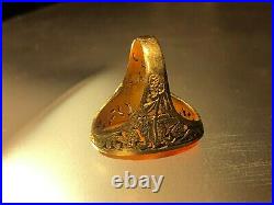 Antique Islamic Qajar Hand Engraved Solid 14 K Gold Agate Men Signet Ring Dated