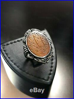 Antique Islamic Talisman Amulet 19Century Solid Silver Engraved Agate Ring Qajar