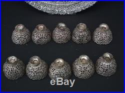 Antique Islamic Turkish Ottoman coffee set Silvered Copper Tray and 10 Zarfs
