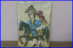 Antique Iznik Qajar Persian Glazed Armenian Pottery Tile Man On Horse 5.5x8.5