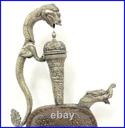 Antique Jug Pitcher Aftabeh Islamic Oriental Dragoon Floral Silver Copper 19th