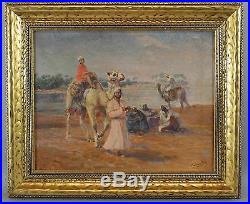 Antique Karoly Cserna, Egyptian Arab & Camels Orientalist O/C Oil Painting NR