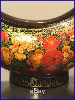 Antique Kashkul Persian Islamic Hand Painted Lacquer and Brass Begging Bowl