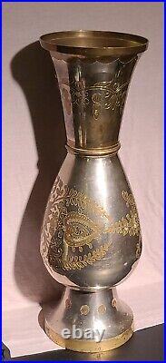 Antique Large 16.5 Inch Silverplate Etched to Brass Middle Eastern Vase