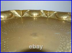 Antique Large Engraved Middle Eastern Brass Table Top Tray on Folding Oak Stand