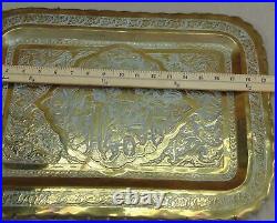 Antique Large Persian Brass Signed Engraved Tray Islamic Art Middle Eastern