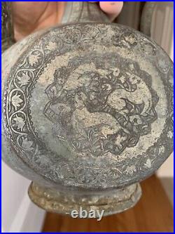 Antique Large Persian Engraved Pitcher withLid Silver Color Middle Eastern Decor