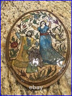 Antique Large Persian Iznic Crackle Glaze Oval Tile Beautiful Scene Birds Floral
