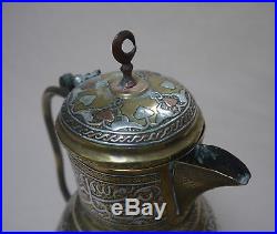 Antique Mamluk Revival Cairoware Silver & Copper Overlay Brass COFFEE POT