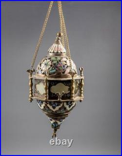 Antique Middle East Islamic Enameled Copper Mosque Lamp 19th Century