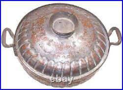 Antique Middle Eastern 19C Tin Covered, Hand-Hammered Copper Lidded Serving Bowl