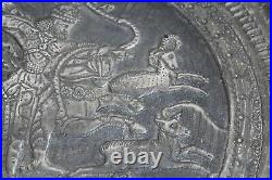 Antique Middle Eastern Arabic Metal Plate Man On Horse Hunting Deer Ram Animal