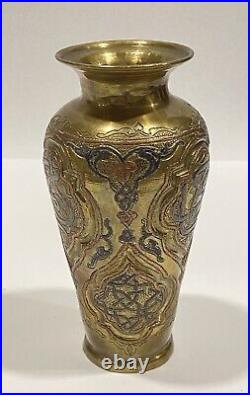 Antique Middle Eastern Brass Islamic Silver & Copper Inlay Vase 8