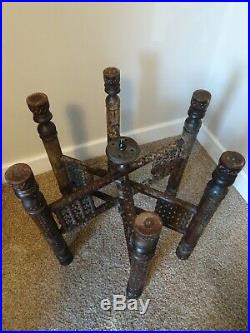 Antique Middle Eastern Carved Wood Folding Side Table with Engraved Brass Top