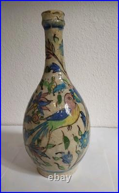 Antique Middle Eastern Ceramic Painted Bottle withBirds & Flowers-Blue Green Pink