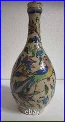 Antique Middle Eastern Ceramic Painted Bottle withBirds & Flowers-Blue Green Pink