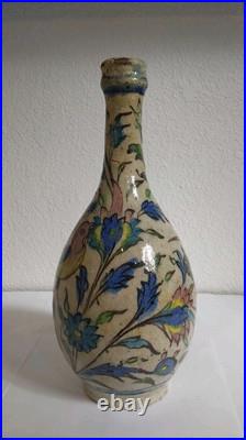 Antique Middle Eastern Ceramic Painted Bottle withBirds & Flowers-Blue Green Pink