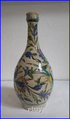 Antique Middle Eastern Ceramic Painted Bottle withBirds & Flowers-Blue Green Pink