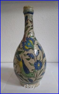 Antique Middle Eastern Ceramic Painted Bottle withBirds & Flowers-Blue Green Pink