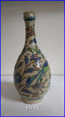 Antique Middle Eastern Ceramic Painted Bottle withBirds & Flowers-Blue Green Pink