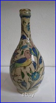 Antique Middle Eastern Ceramic Painted Bottle withBirds & Flowers-Blue Green Pink